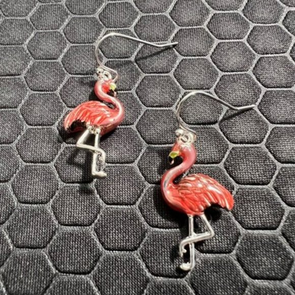 Flamingo Earrings Pink 18K White Gold Plated - Picture 1 of 1